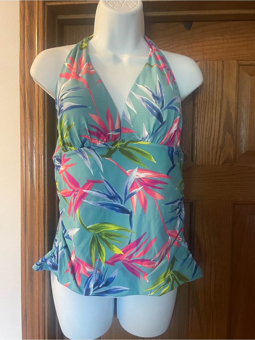 Tropical Halter Tankini Top in Teal with Pink & Green Leaves